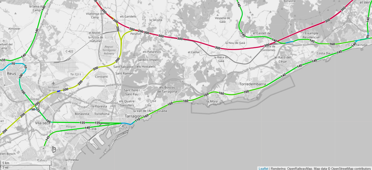 Mapa velocitats màximes zona de Tarragona